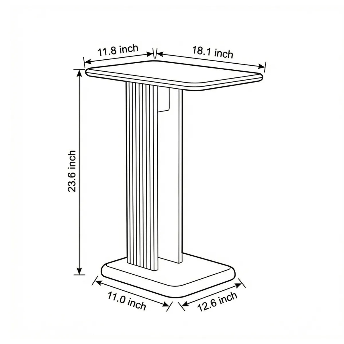 Technical dimension diagram of the Meridian C-Table showing height, width, and base clearance for sofa compatibility.