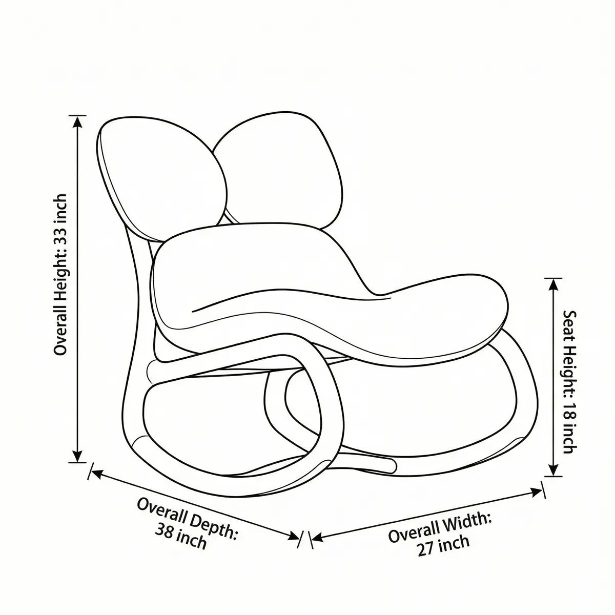 Technical dimension drawing of The Cairn Rocker showing 33-inch height and 38-inch depth for space planning.