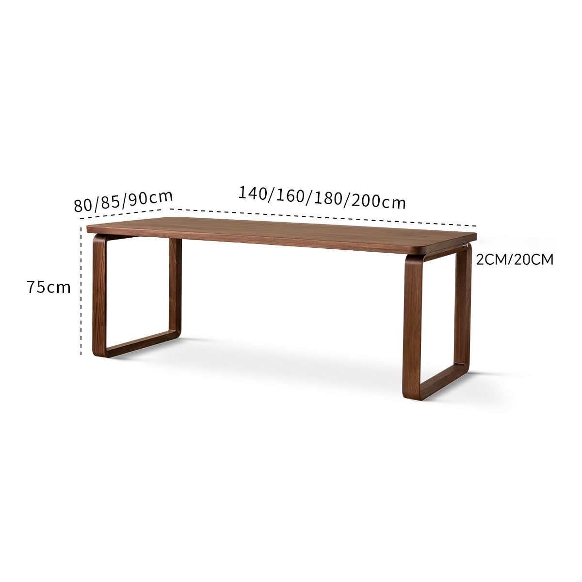 Modern wooden dining table with U-shaped legs and dimensions labeled in centimeters