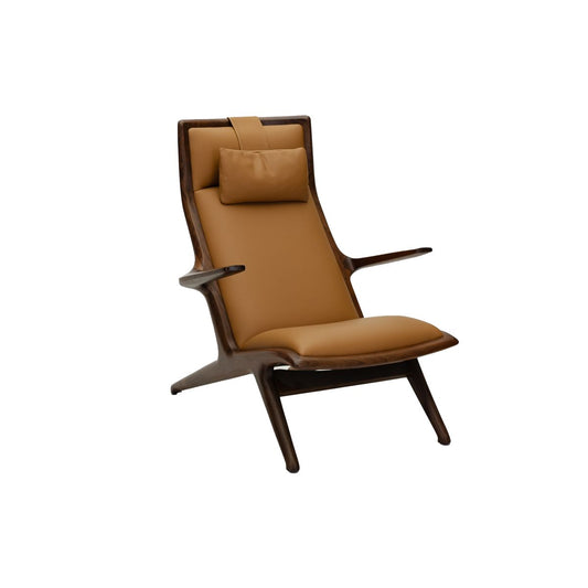 Modern lounge chair with tan leather upholstery and dark wood frame, featuring a head cushion