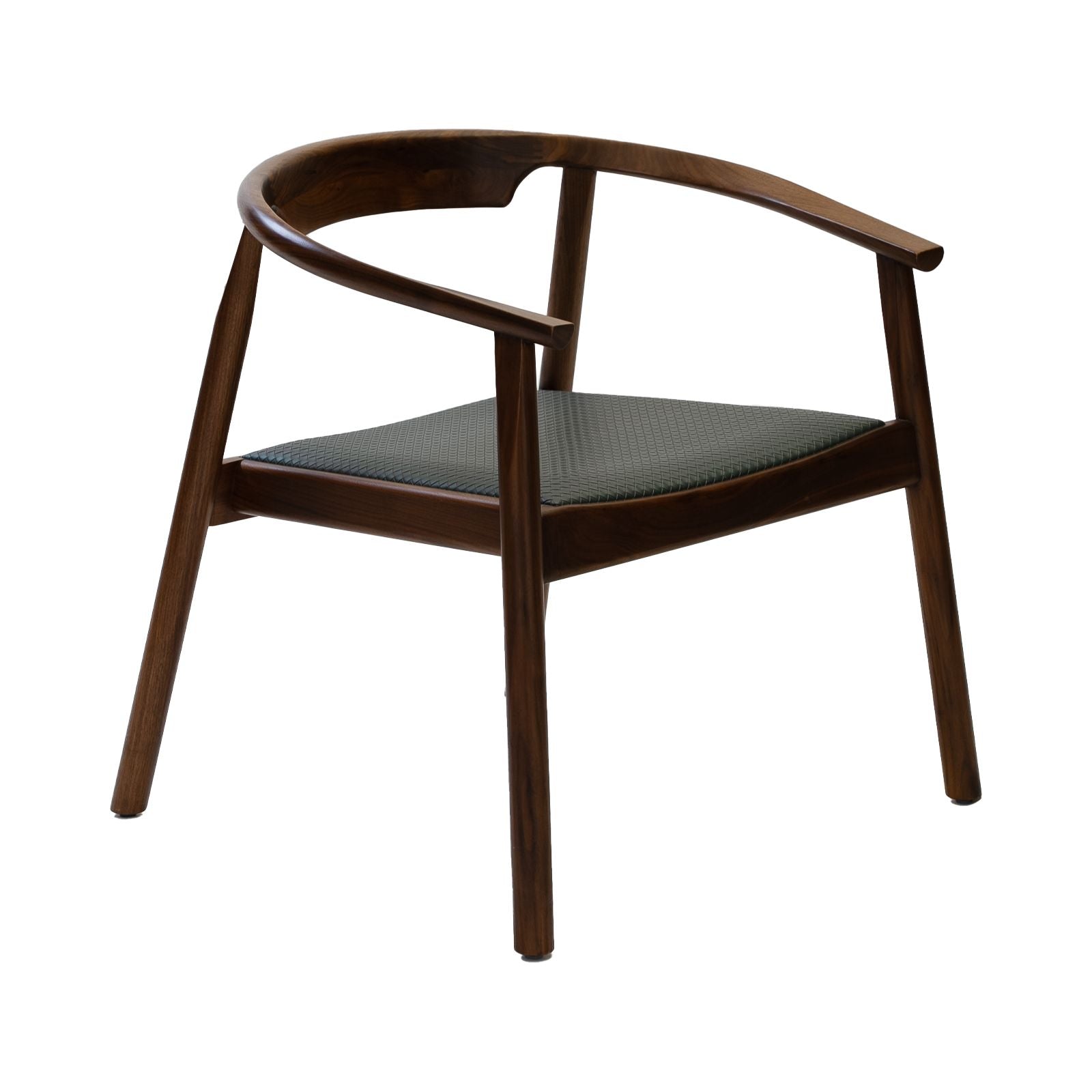 Modern wooden armchair with curved backrest and textured dark cushion on white background