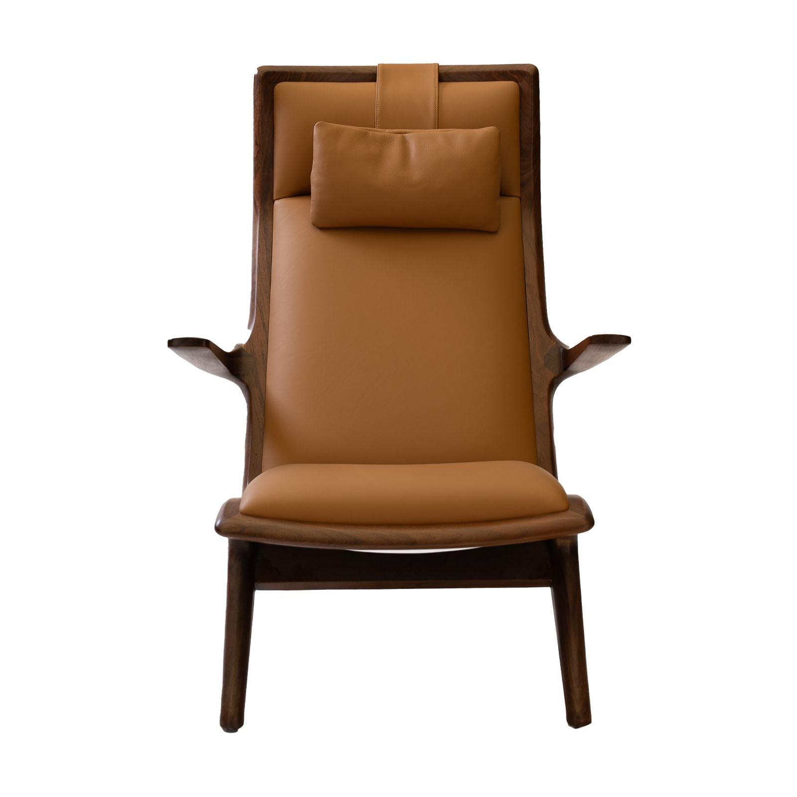 Modern wooden lounge chair with tan leather cushions and small headrest on white background