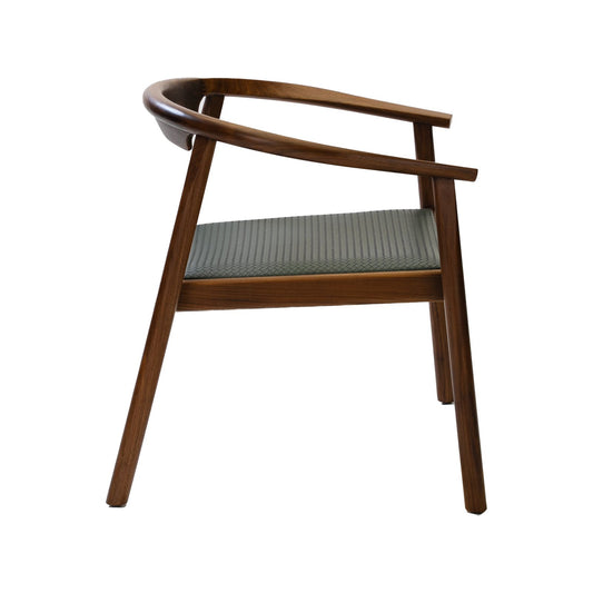 Modern wooden armchair with curved backrest and woven gray fabric seat