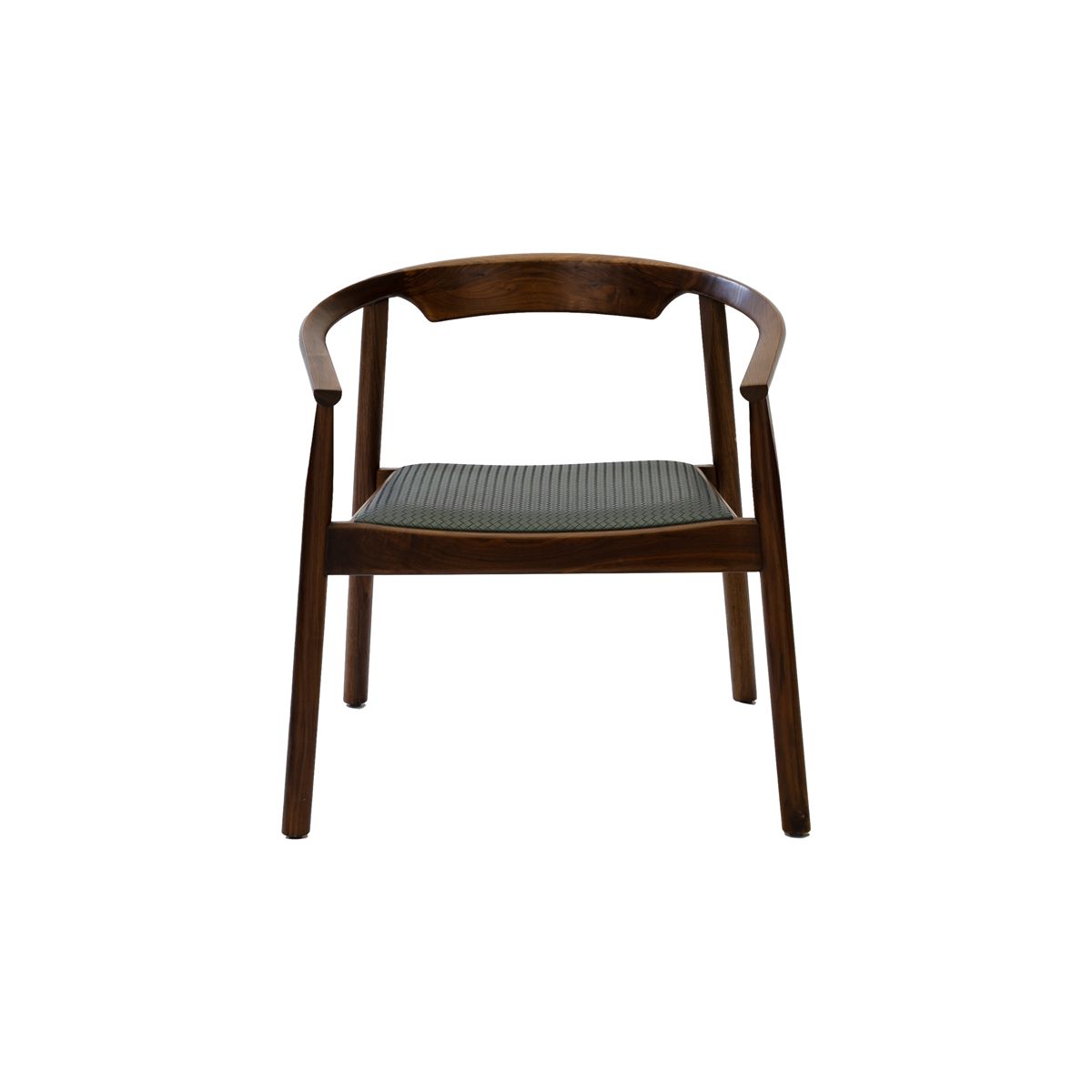 Mid-century modern wooden armchair with curved backrest and textured seat cushion