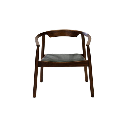 Mid-century modern wooden armchair with curved backrest and textured seat cushion