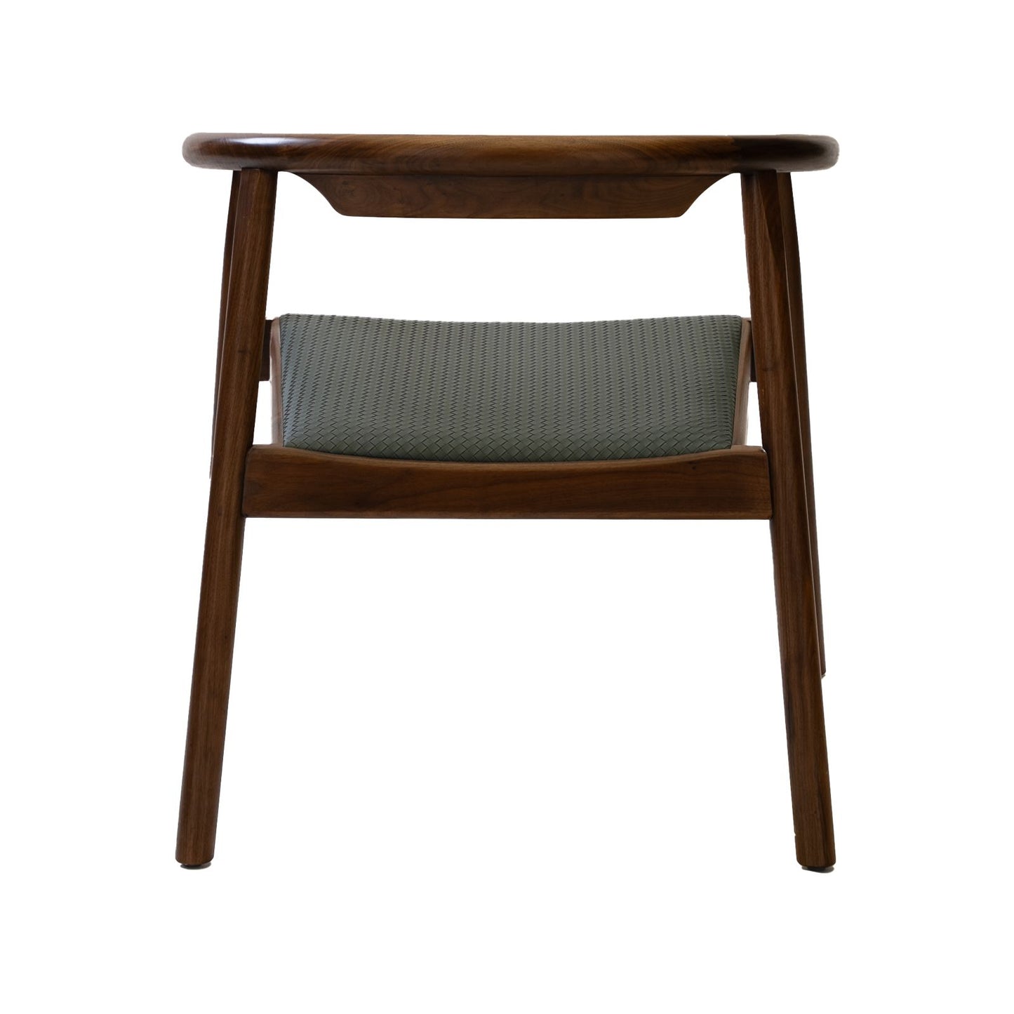 Mid-century modern wooden chair with angled legs and woven gray seat cushion