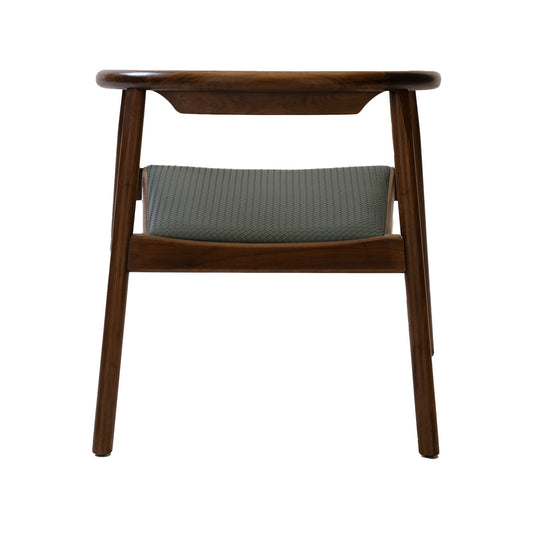 Mid-century modern wooden chair with angled legs and woven gray seat cushion