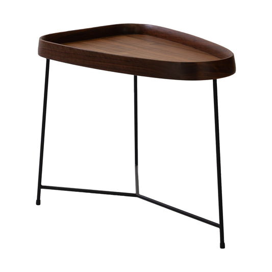 Modern wooden side table with a kidney-shaped top and black metal legs