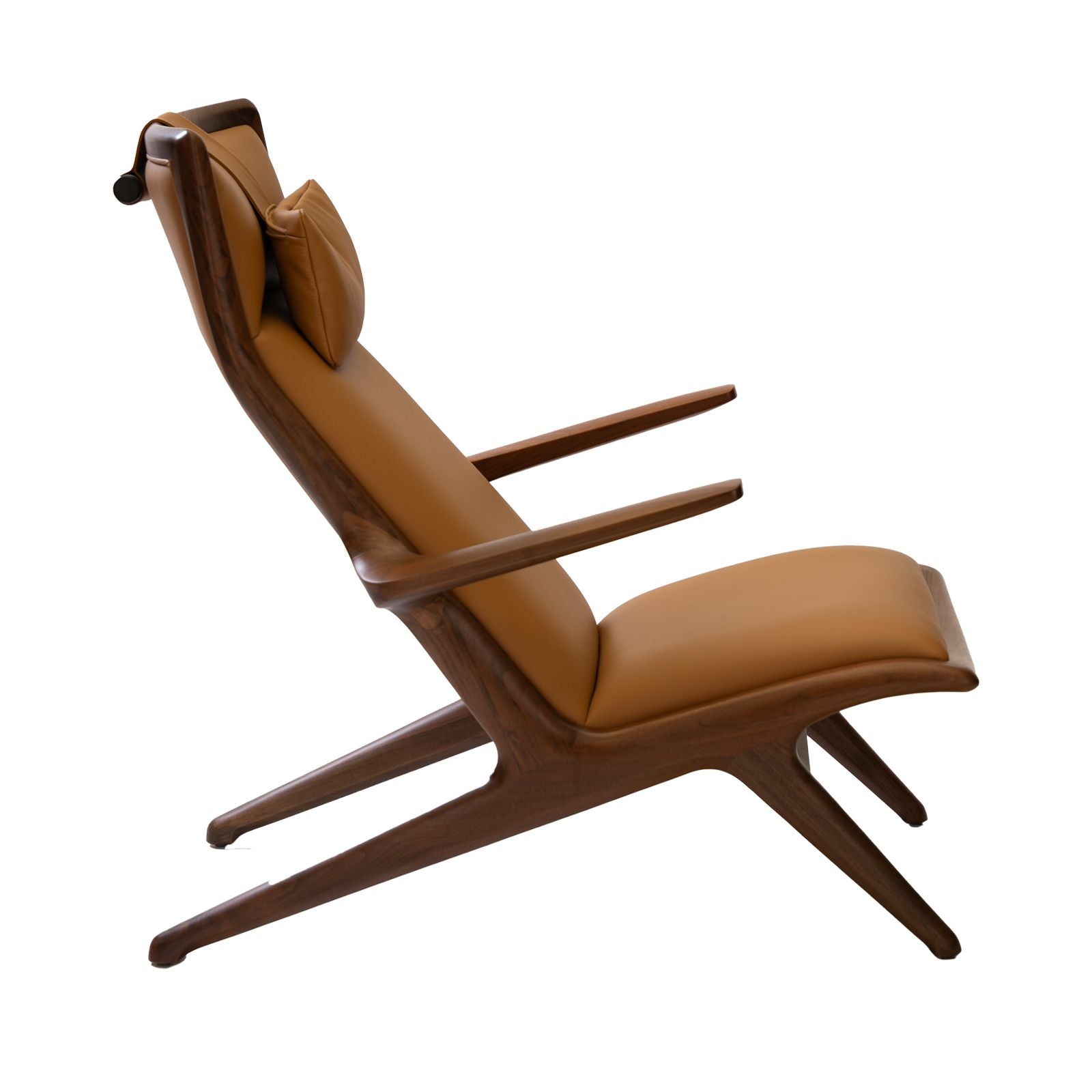 Mid-century modern lounge chair with brown leather upholstery and wooden frame