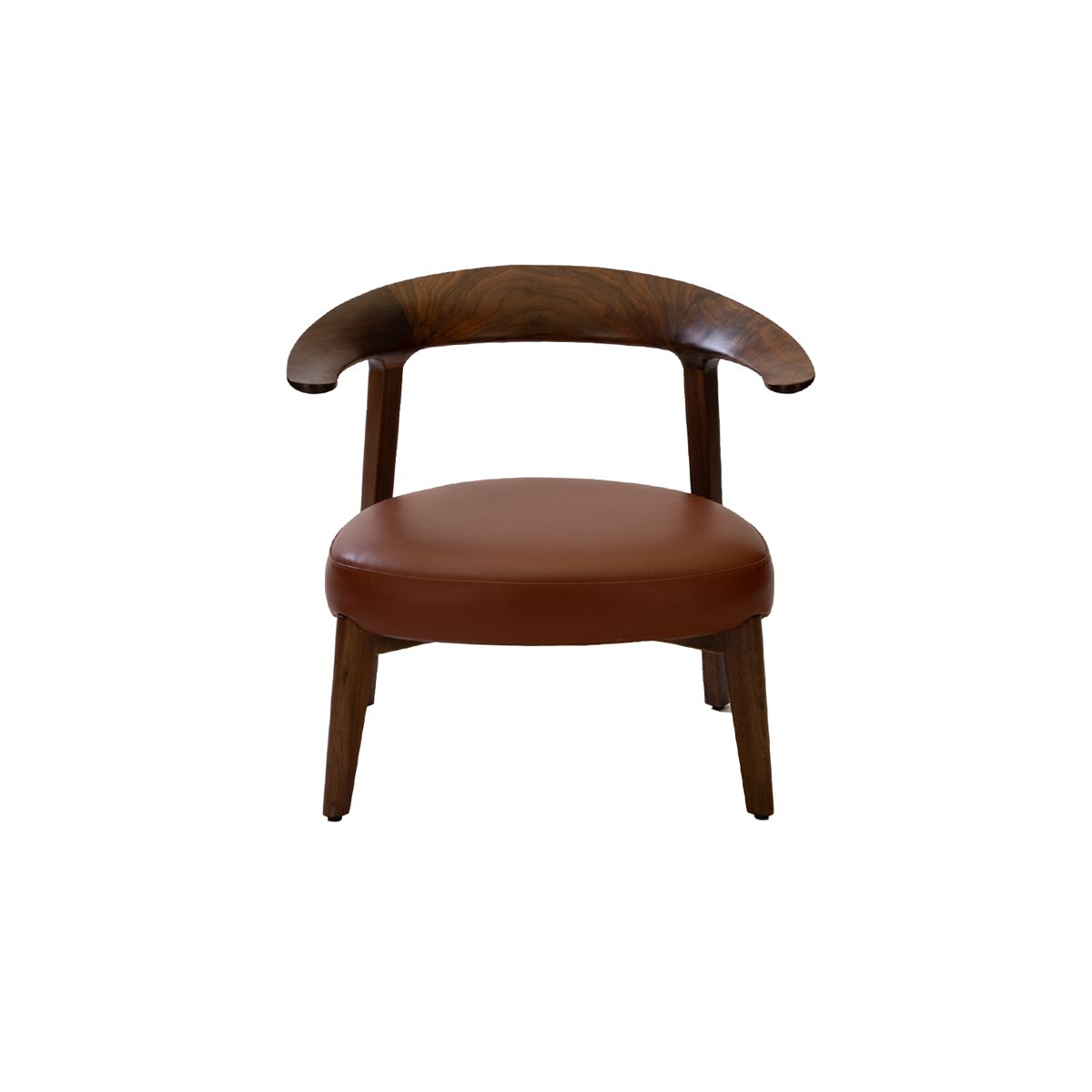 Modern wooden armchair with curved backrest and brown leather seat cushion