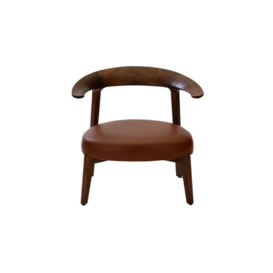 Modern wooden armchair with curved backrest and brown leather seat cushion