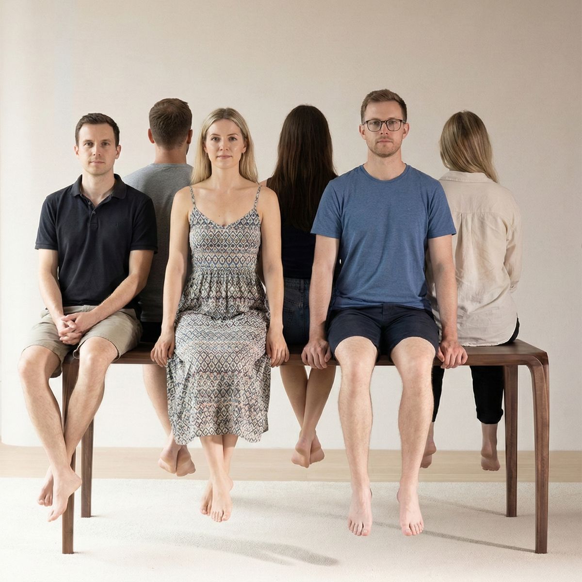 Three people sitting on a wooden bench facing forward, three others sitting backward with backs turned, indoor setting
