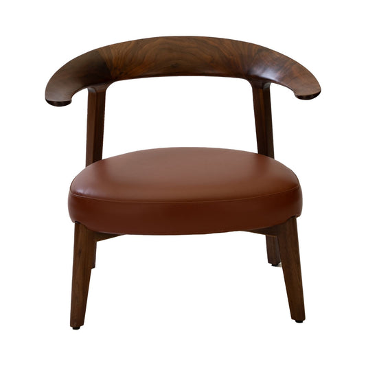 Modern brown leather cushioned lounge chair with curved walnut wood backrest and legs