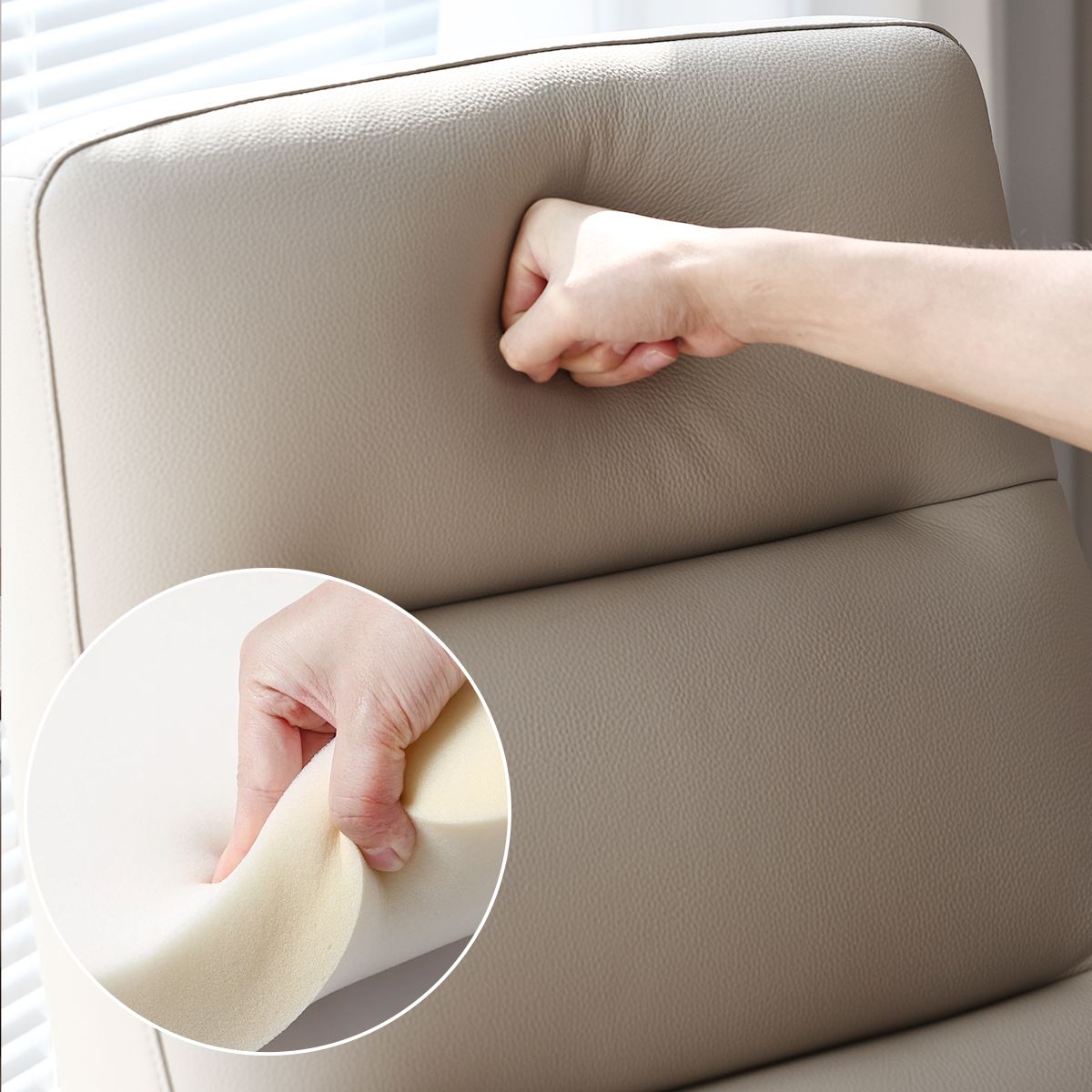 Hand pressing soft beige leather chair backrest with inset showing hand squeezing memory foam padding
