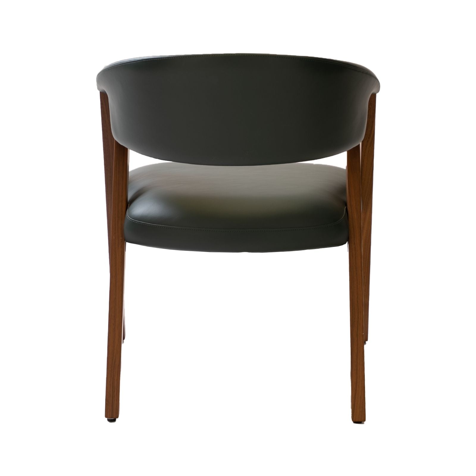Modern chair with dark green leather upholstery and wooden legs, viewed from the back