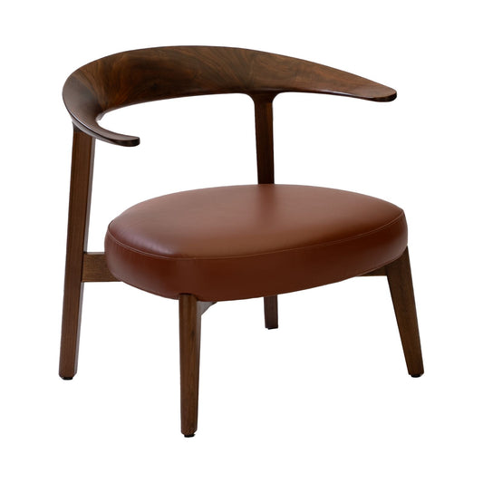 Mid-century modern wooden chair with curved backrest and brown leather cushioned seat
