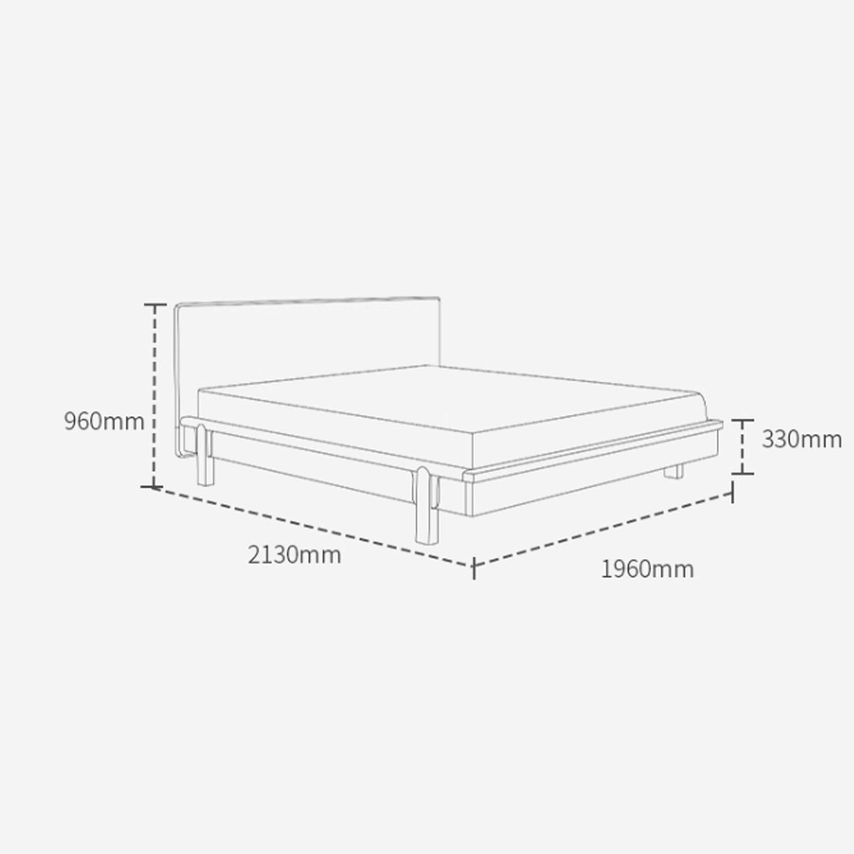 Line drawing with dimensions of a bed showing 2130mm length, 1960mm width, 960mm headboard height, and 330mm base height