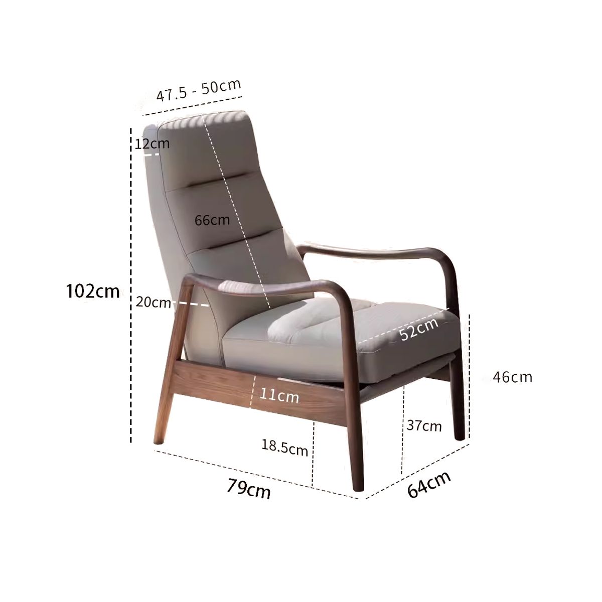 Modern beige cushioned armchair with wooden frame and detailed measurement dimensions