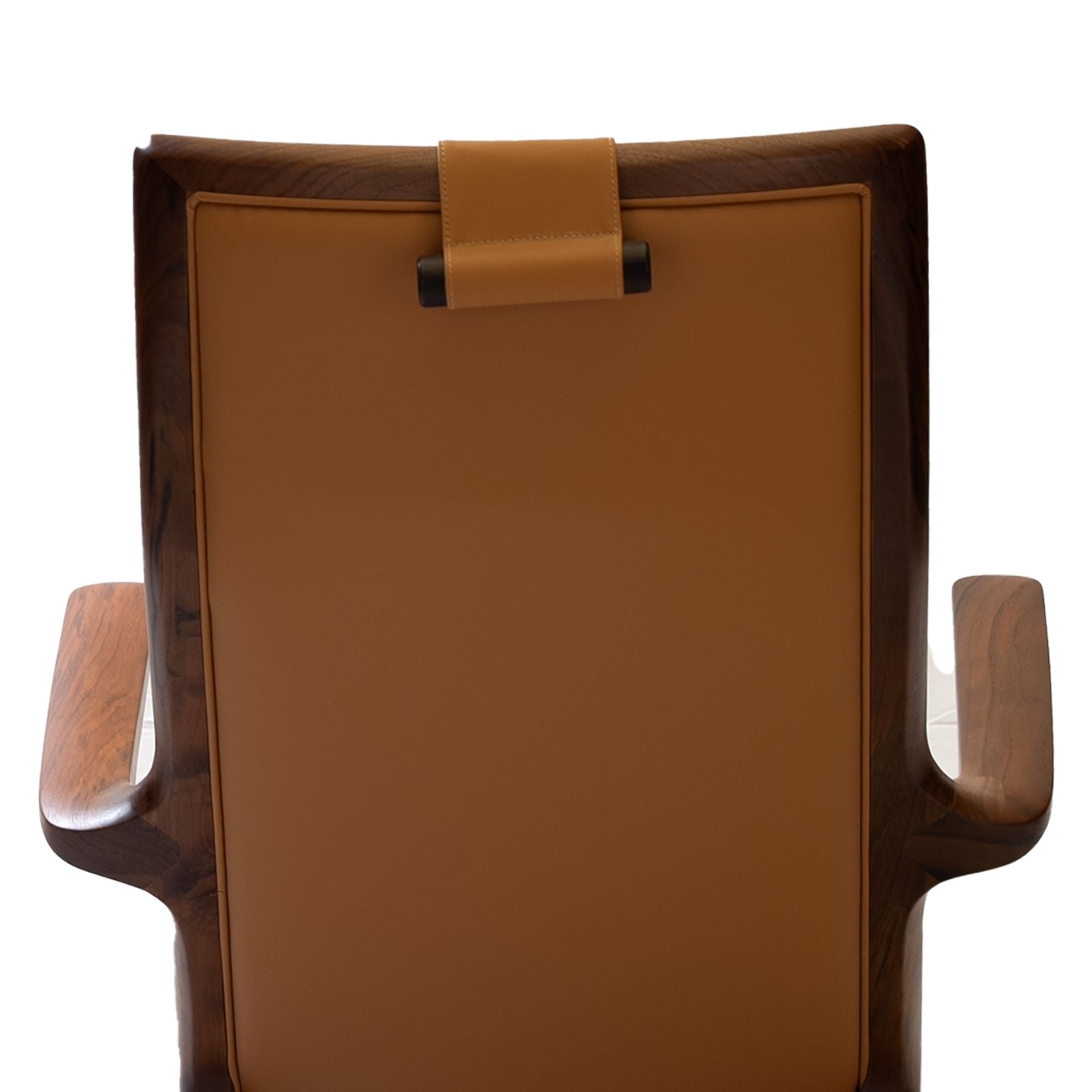 Back view of a modern wooden chair with tan leather upholstery and armrests