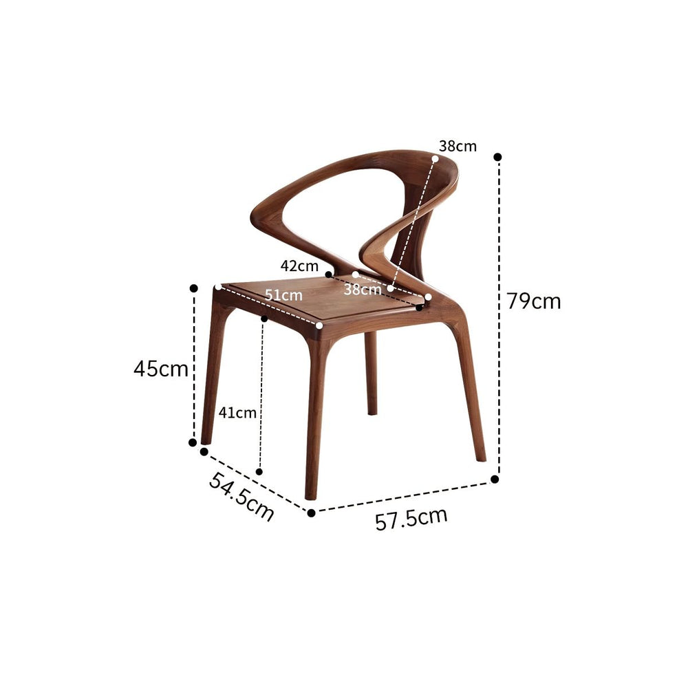 Modern wooden chair with curved backrest and detailed dimensions in centimeters