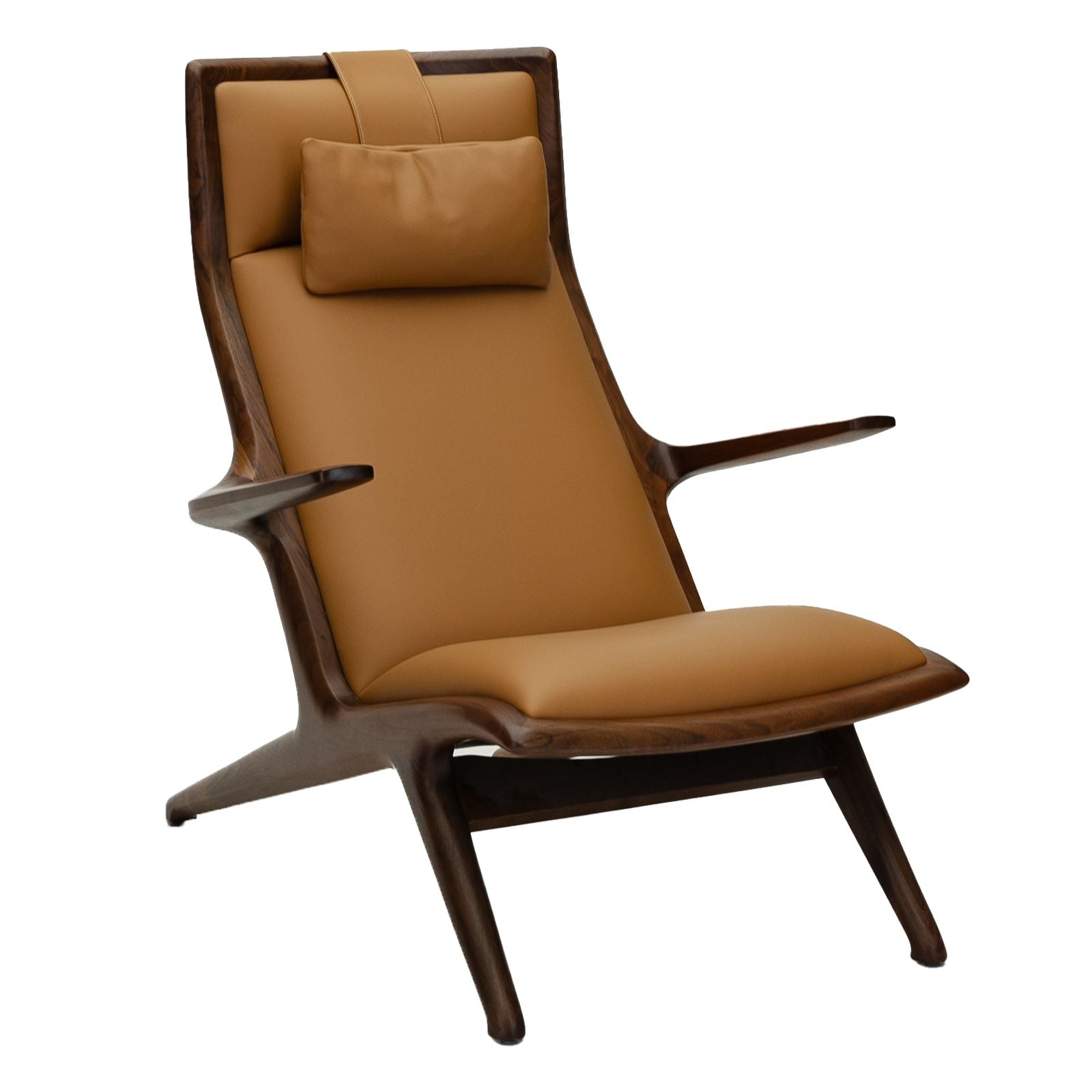 Modern lounge chair with tan leather upholstery and dark wood frame and armrests