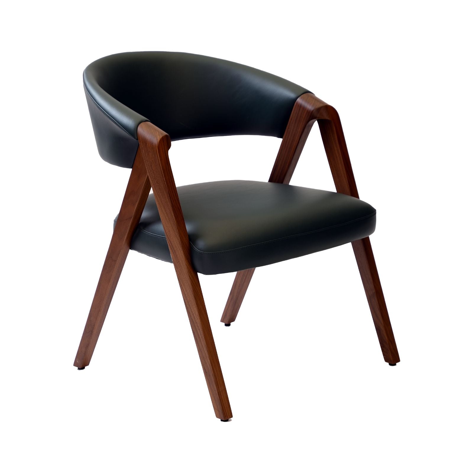 Modern black leather chair with wooden frame and angled legs on white background