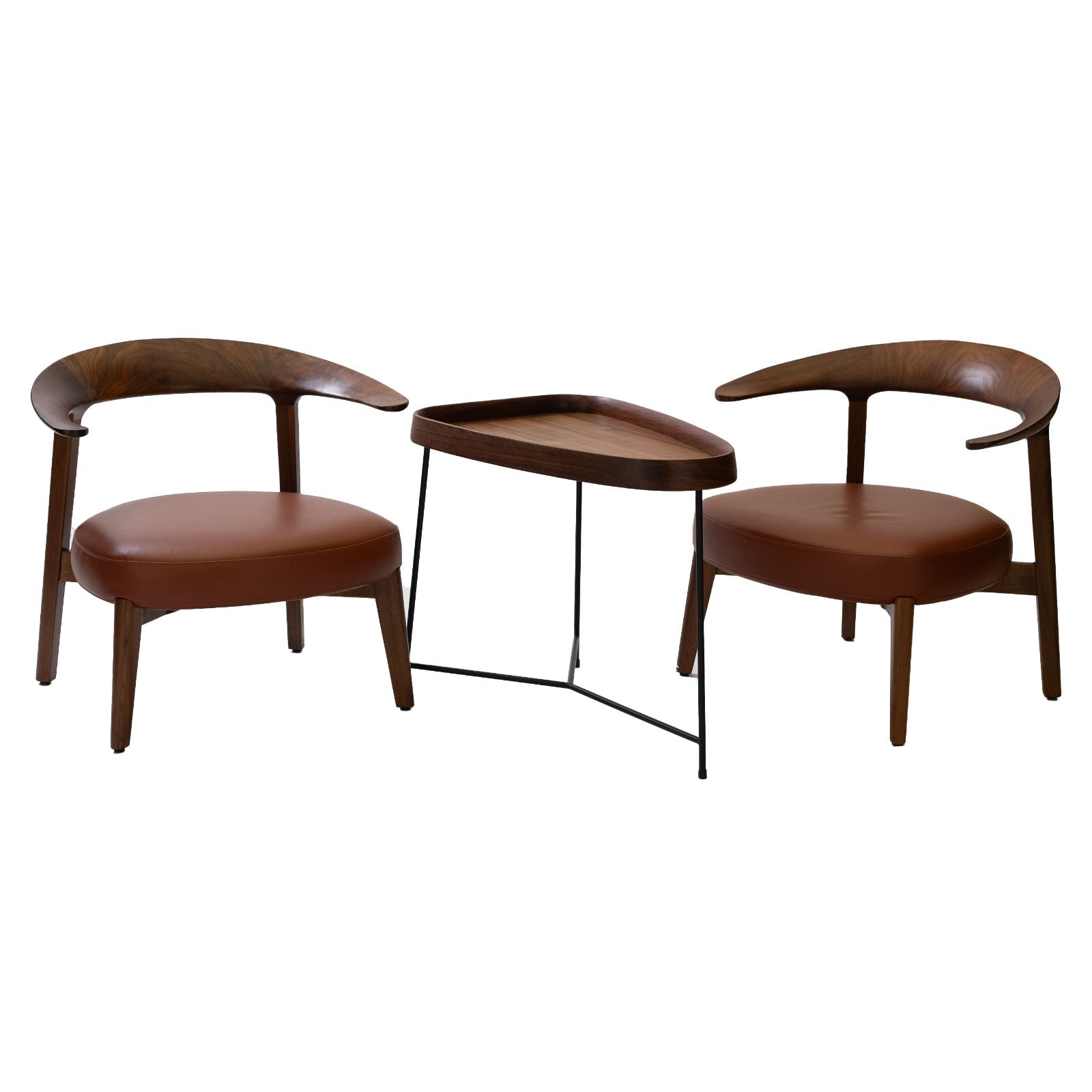 Pair of modern brown leather and wood chairs with curved backs and a wooden side table with metal legs