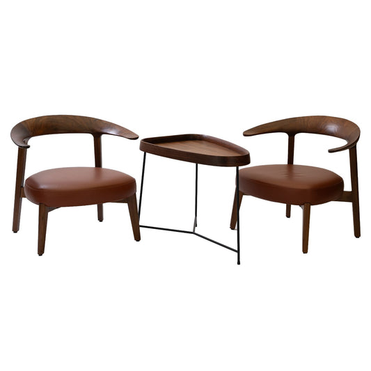 Pair of modern brown leather and wood chairs with curved backs and a wooden side table with metal legs