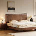 Modern bedroom scene featuring a high-end solid walnut bedside table next to a bed.