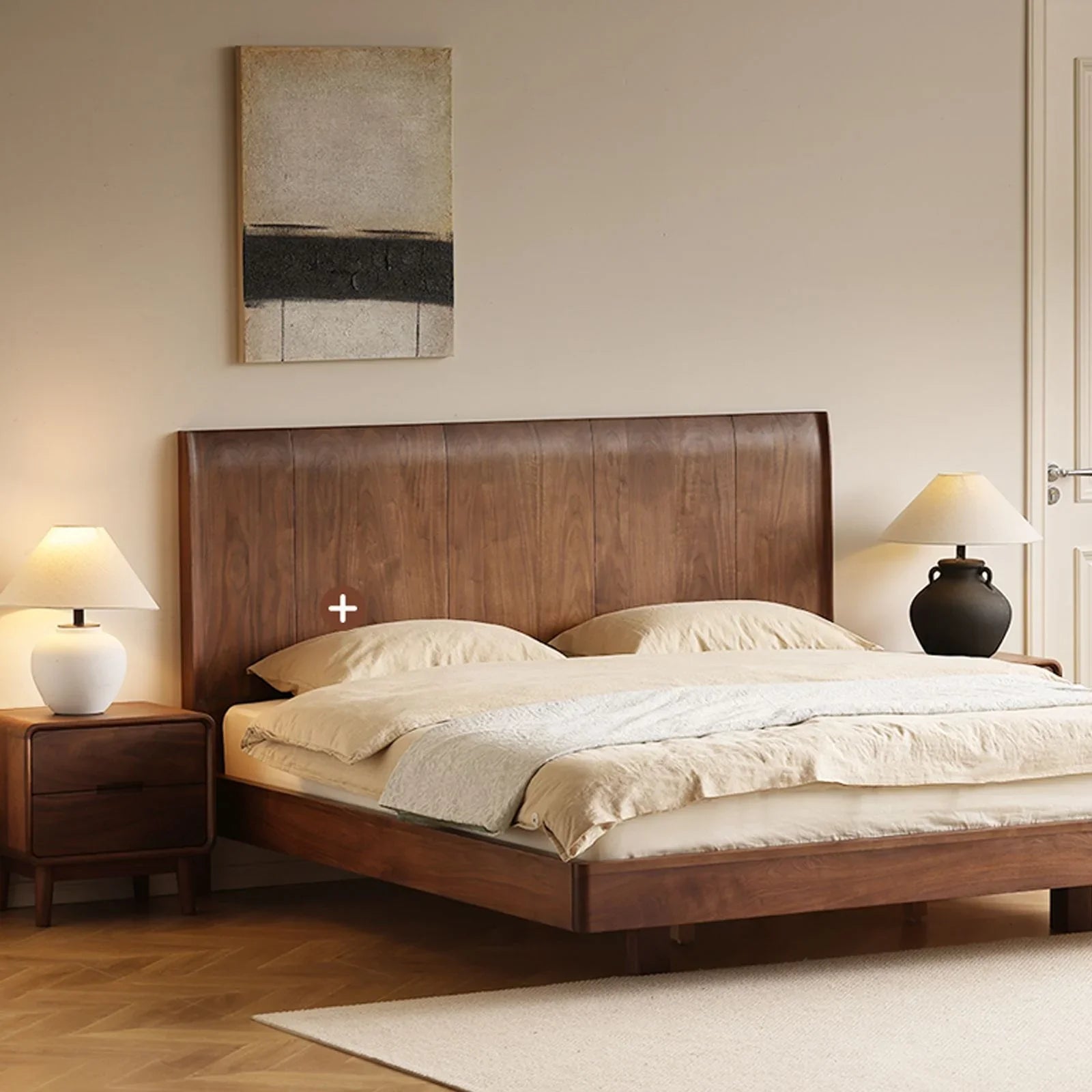 Cozy bedroom with solid black walnut bed frame, matching nightstands, lamps, and neutral bedding