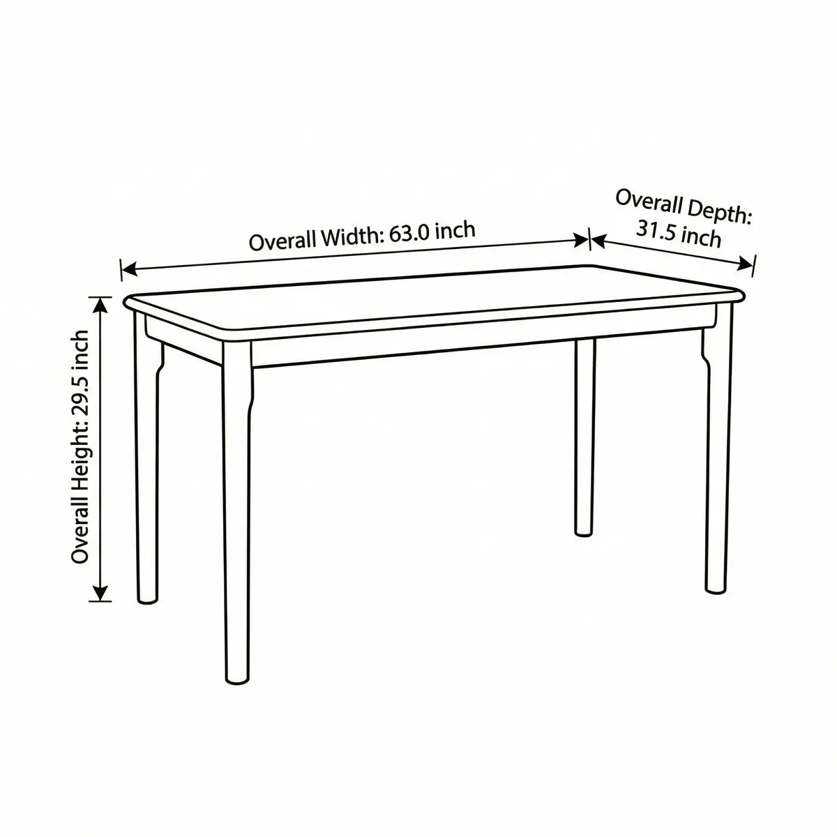 Technical line drawing of The Cumberland dining table showing dimensions: 63.0 inches width, 31.5 inches depth, and 29.5 inches height.
