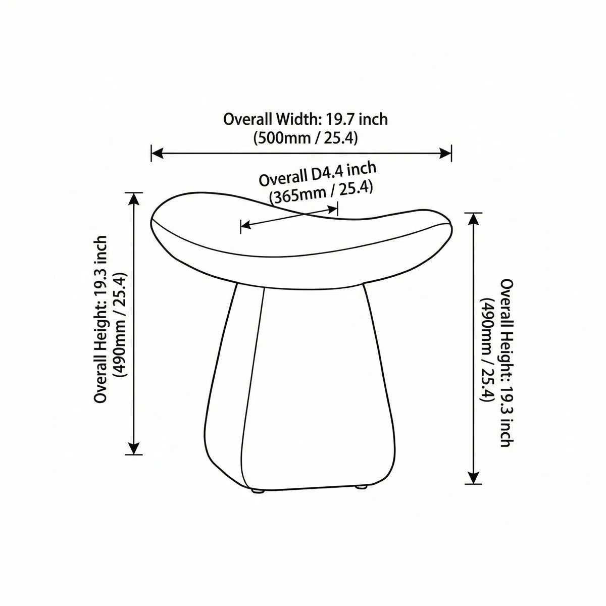 Technical specification diagram of the Cumberland mushroom stool showing overall height of 19.3 inches and width of 19.7 inches.