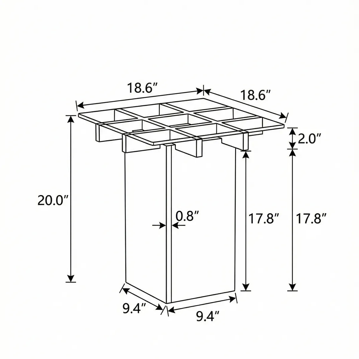 Technical blueprint dimensions of Cumberland side table showing 20 inch height and 18.6 inch width.