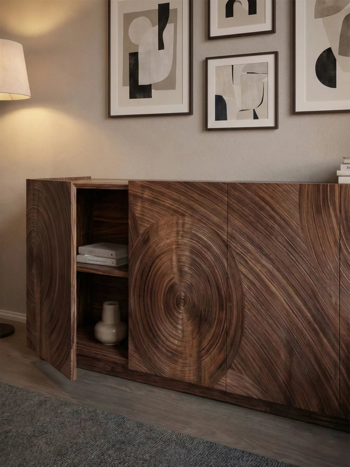 Full front view of the Curator 4-door buffet cabinet against a neutral wall, displaying the continuous geometric ripple design across the doors.