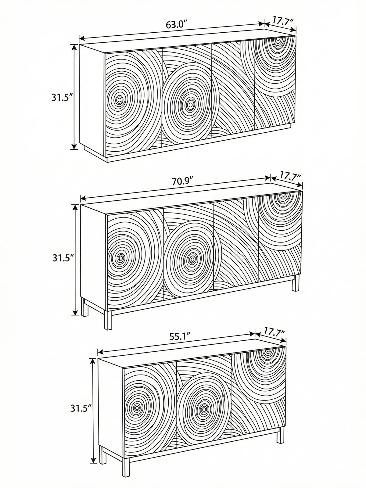 Technical dimension drawing of the Curator Media Console series, showing length, width, and height specifications for 55", 63", and 71" models.