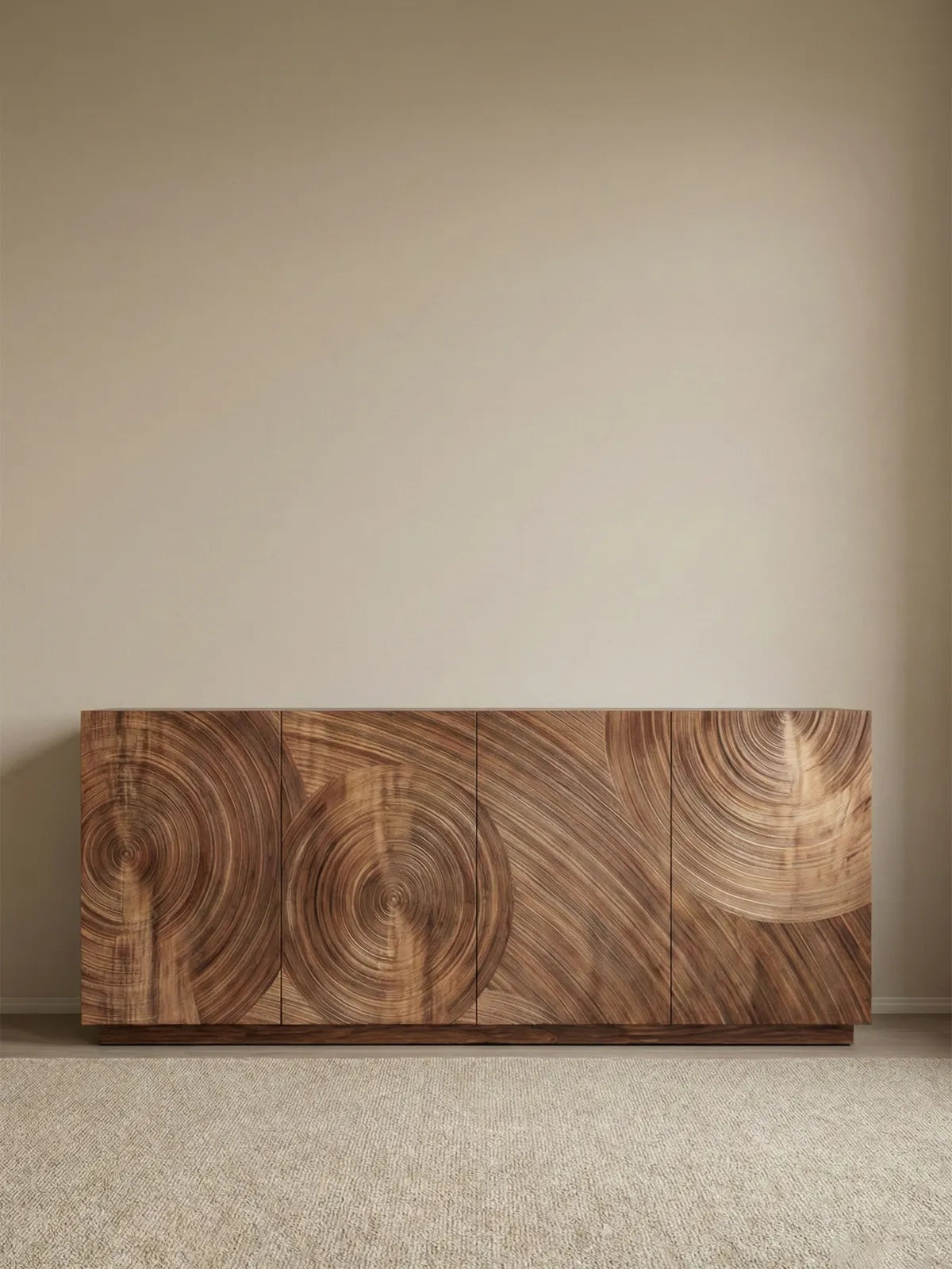 Angled view of the Curator sideboard with a door open, revealing spacious interior shelving and the thick solid wood door construction.