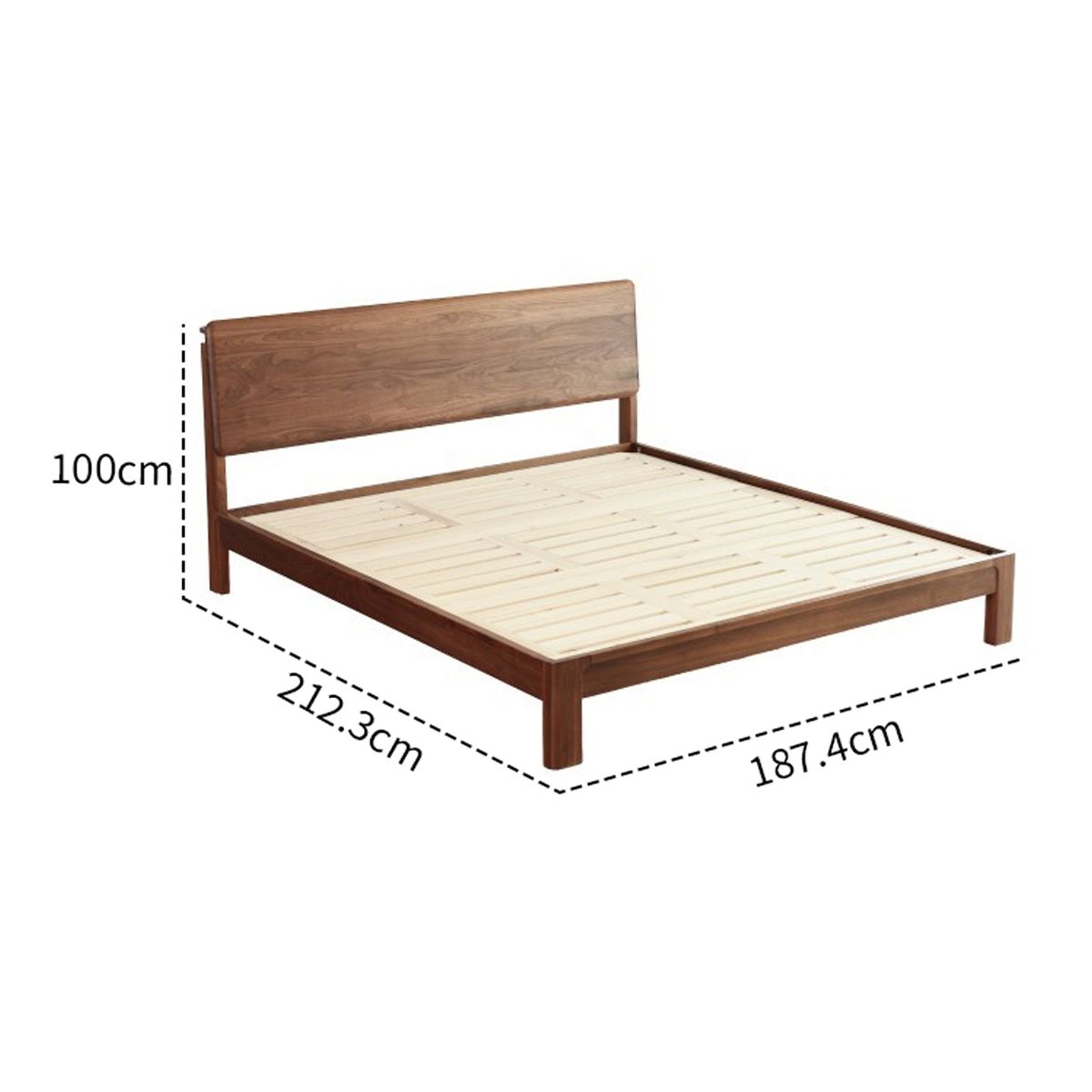 Wooden bed frame with headboard and slatted base, dimensions 212.3cm by 187.4cm by 100cm