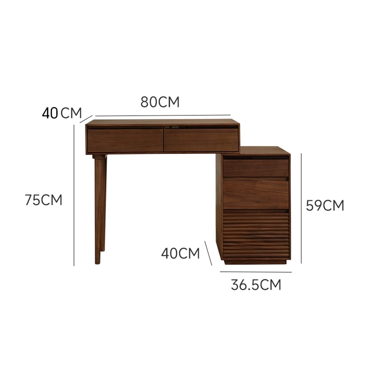 Wooden bedside table with drawers and detailed dimensions in centimeters