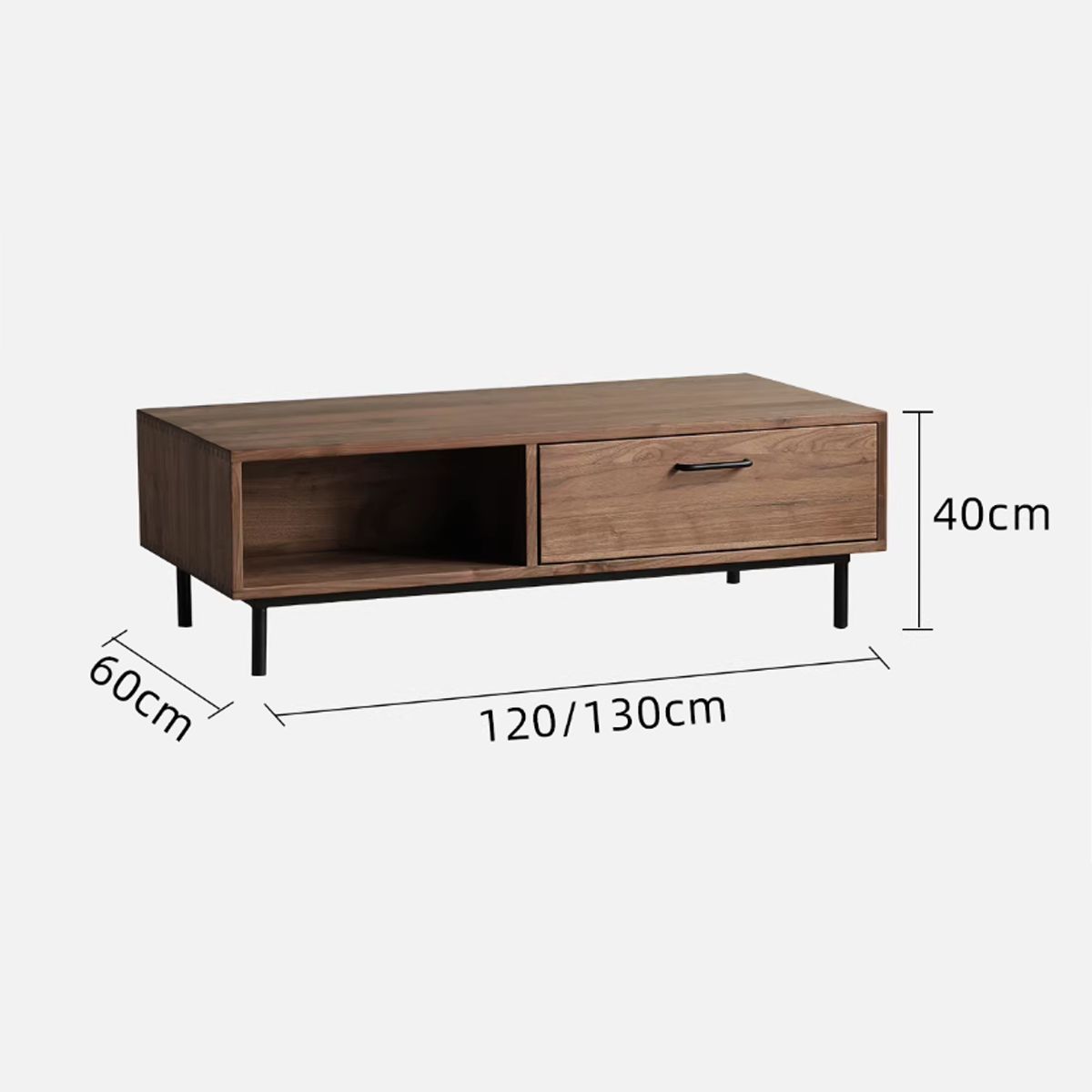 Modern wooden coffee table with open shelf and drawer, dimensions 120/130cm width, 60cm depth, 40cm height