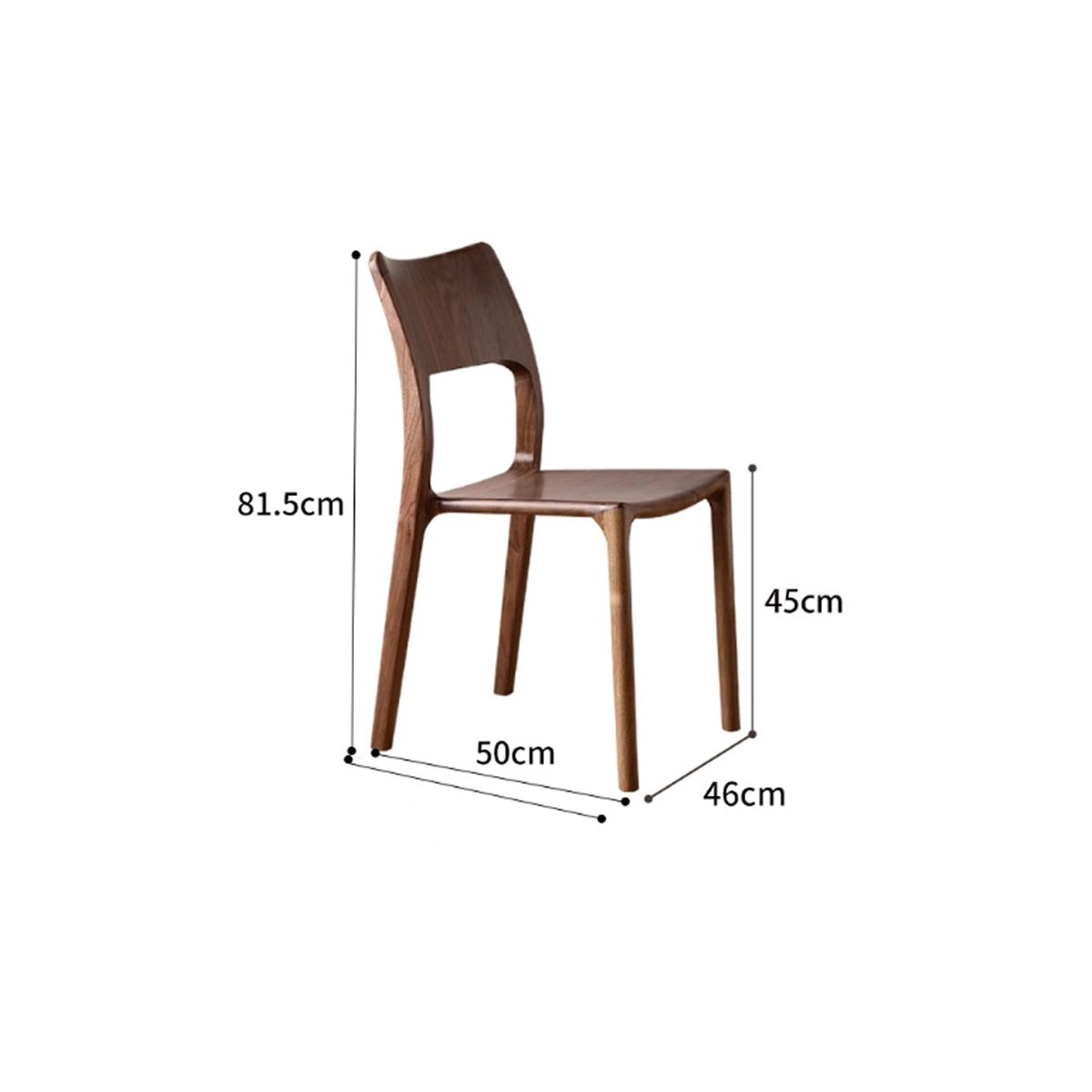 Ergonomic wooden chair with dimensions 81.5cm height, 50cm depth, 46cm width, 45cm seat height