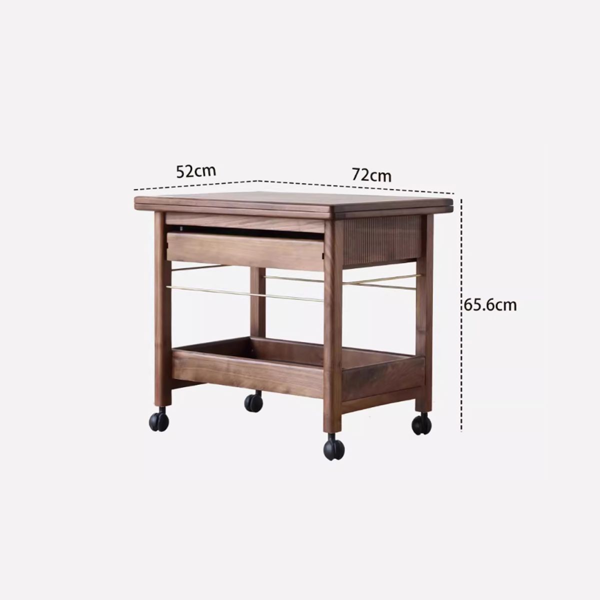 Mobile walnut laptop desk with drawer and shelf on caster wheels, dimensions 72x52x65.6 cm