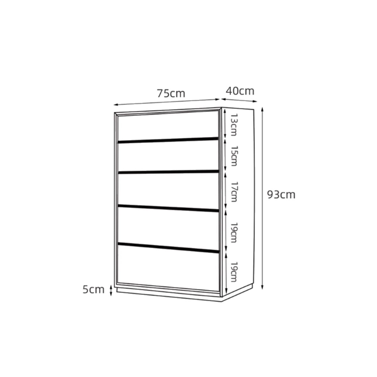 Dimension diagram of a solid wood chest with five drawers, dimensions 75x40x93 cm