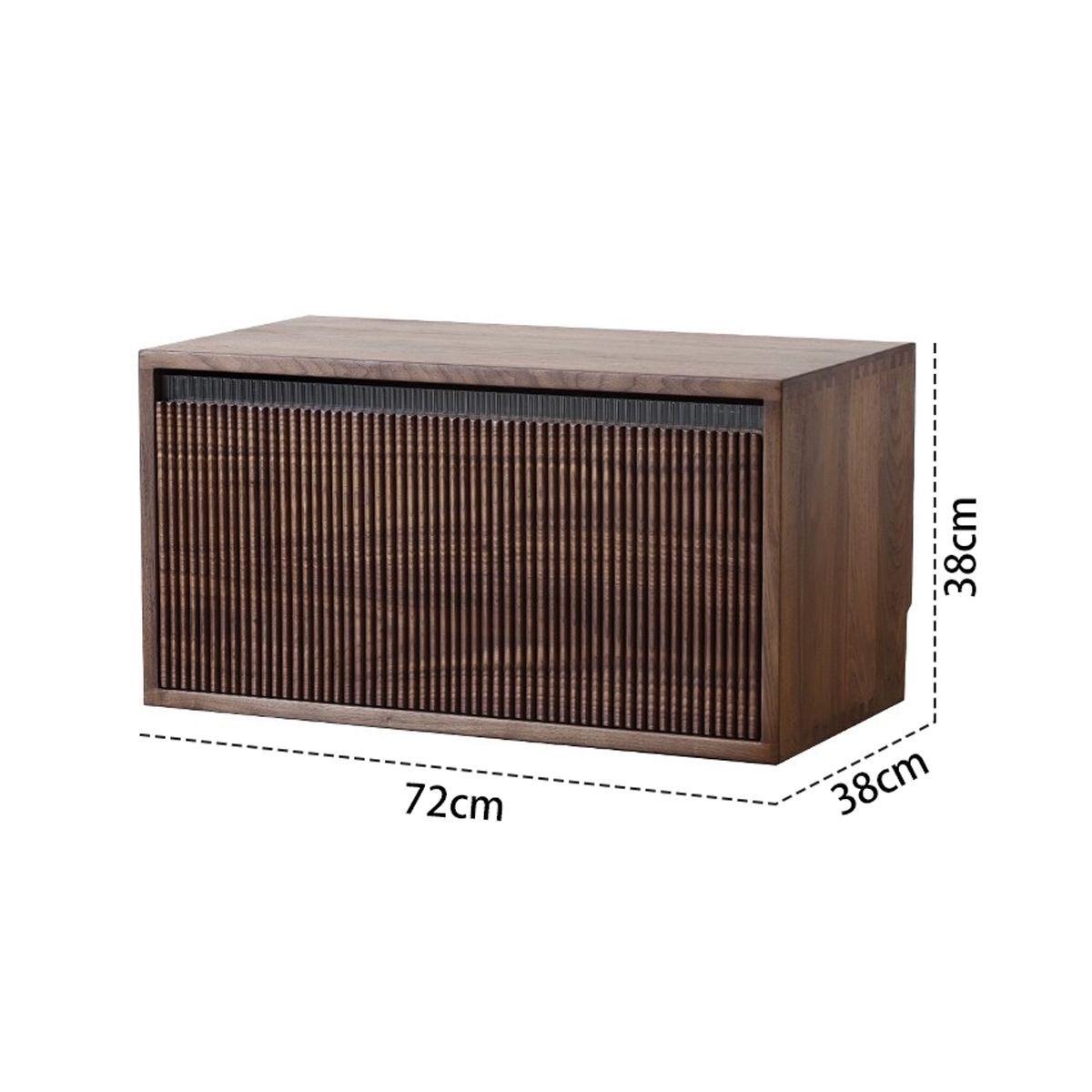 Stacked solid wood shelving unit with ribbed dark wood front panel, measuring 72x38x38cm