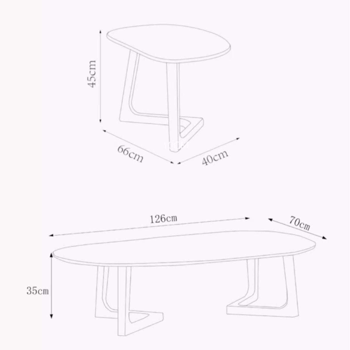 Dimension diagram of modern walnut organic side table and coffee table with measurements in cm