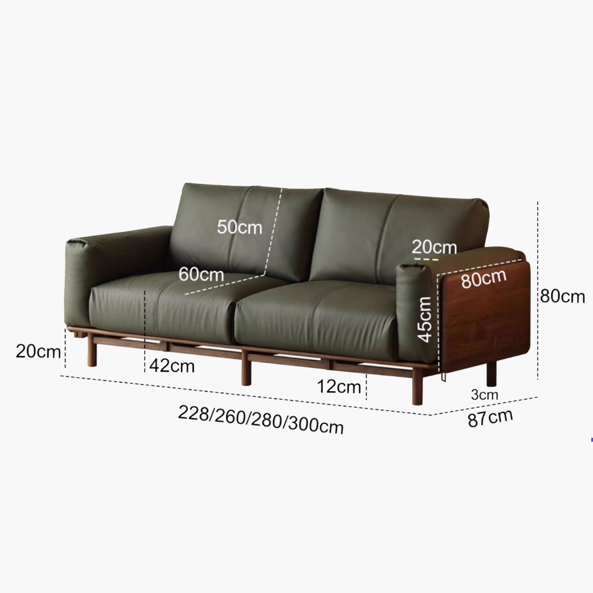 Modern walnut wood frame sofa with dark green leather cushions and dimension labels
