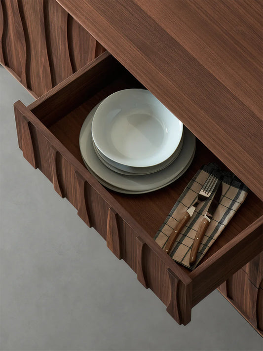 Close-up of the internal drawer construction in the Suiseki sideboard, showing solid wood joinery and cutlery storage capacity.