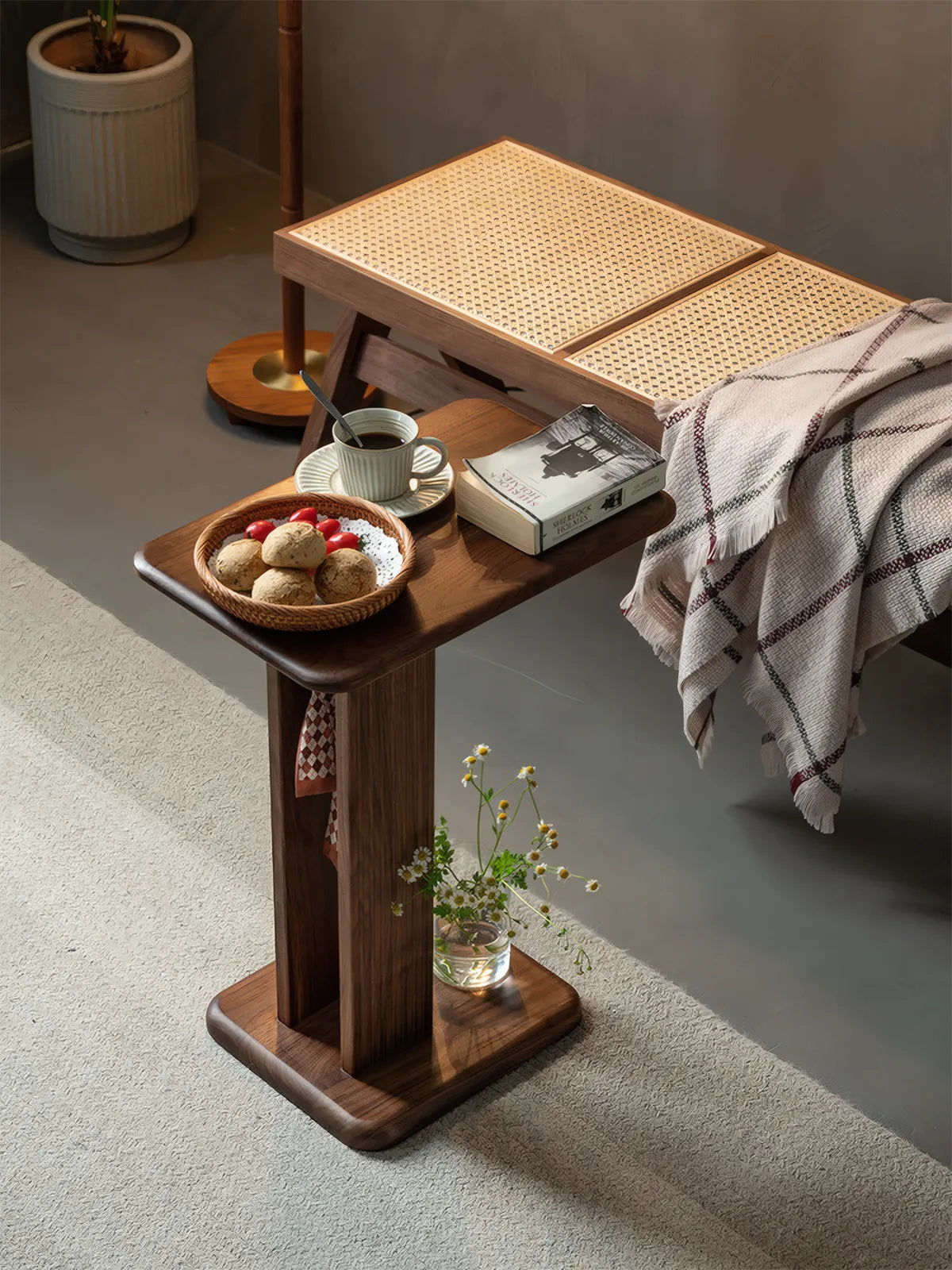 Architectural fluted leg detail on the Meridian solid wood side table, reflecting 2025 interior design trends.