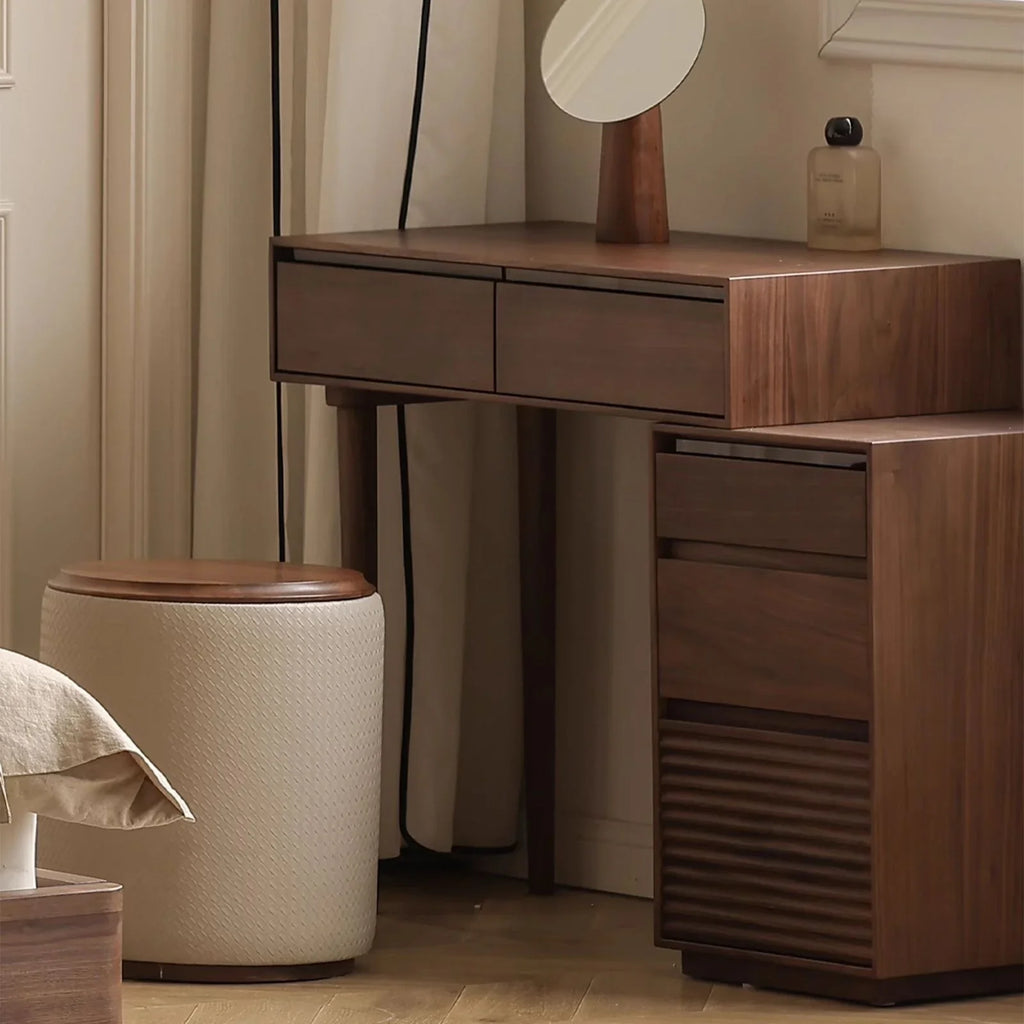 Modern walnut bedside table makeup desk with two drawers, round mirror, and cushioned stool