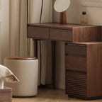 Modern walnut bedside table makeup desk with two drawers, round mirror, and cushioned stool