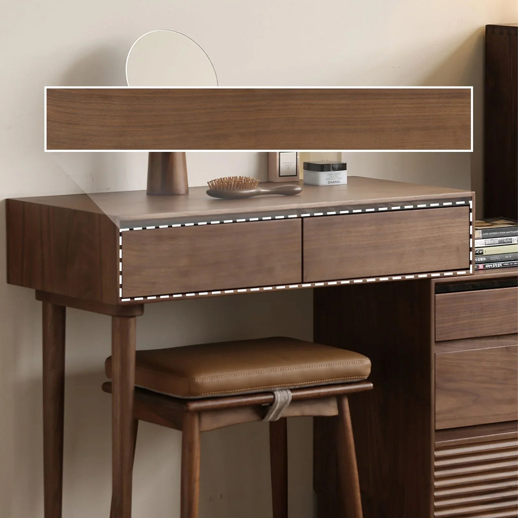Modern walnut bedside table with integrated drawers and cushioned wooden stool